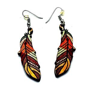 Boho Wooden Feather Earrings – Multicolor Fall-Toned Dangle Lightweight Pierced